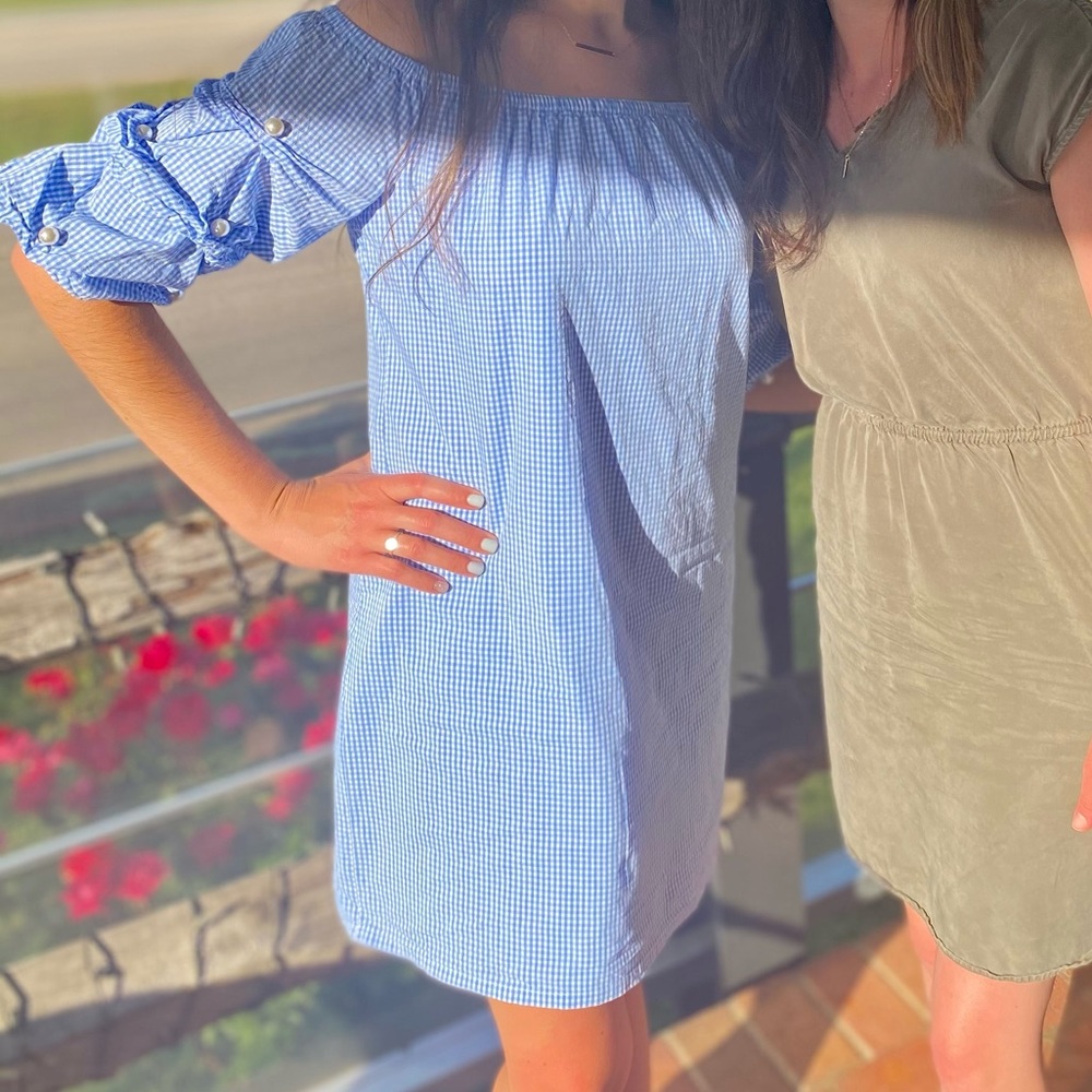 Gingham Off Shoulder Dress with Pearl Detail